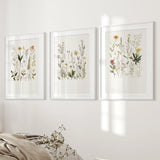 Three framed botanical prints on a wall above a bed.