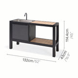 Black outdoor kitchen island with sink and dimensions on a white background