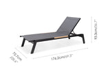 Black outdoor lounge chair with dimensions on a white background