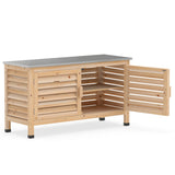 A light natural wood storage cabinet with a gray top, shown with one door open to reveal shelves inside, on a white background.