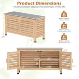 Product dimensions diagram of a light natural wood storage cabinet with a gray top, showing front and open-door views with labeled measurements and weight capacity notes.