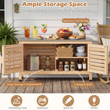 A wooden outdoor storage cabinet with two open slatted doors, shown holding dishes, bottles, a lantern, and storage bins. The scene includes overlaid marketing text and icons explaining features like ample storage space, a spacious countertop, large storage compartment, and L-shaped shelf.