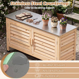 A wooden outdoor counter with a stainless steel top, shown in a garden setting with gardening tools and potted flowers on top. The image includes text overlays highlighting its features, such as 'Stainless Steel Countertop' and 'Weather-Resistant', along with a close-up inset of the countertop's water-resistant finish.