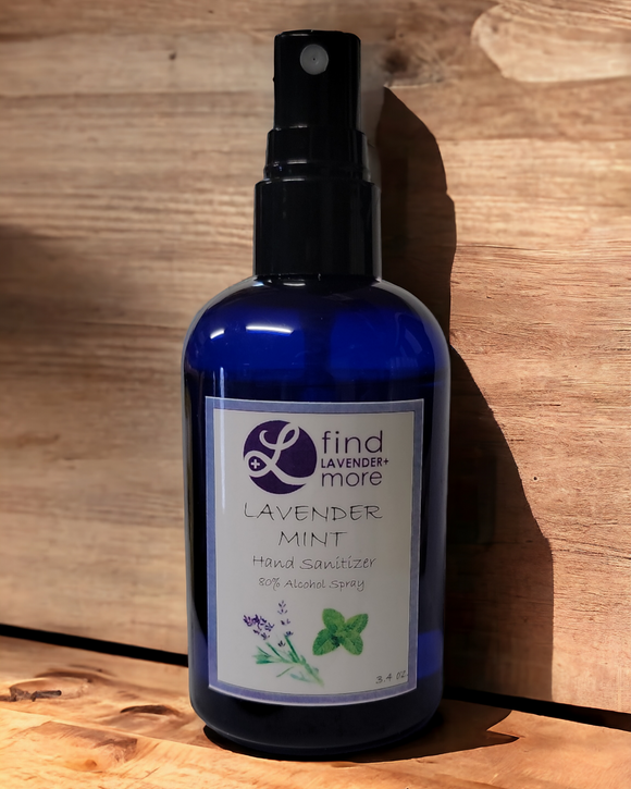 Blue hand sanitizer bottle with a label on a wooden surface