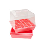 Pink seedling trays with clear lids on a white background