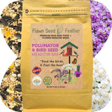 Flawn Seed Feather bird seed package with natural elements around it