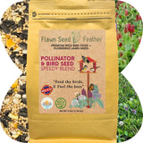 Flawn Seed Feather bird seed package with natural elements and text on a white background