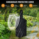 Black protective cover with raindrop effects on a scenic background, emphasizing sun protection, water repellent, snow resistance, and dustproof features.