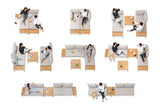 Top-down view of a modern sofa with people in various poses on a white background