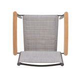 Gray lounge chair with wooden arms on a white background