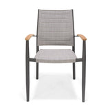 Chair with gray cushion and wooden armrests on a white background