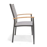 Chair with gray backrest and seat, wooden armrests on a white background