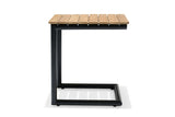 Small table with wooden top and black metal frame on a white background