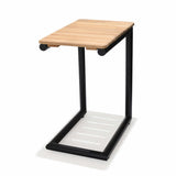 Small wooden table with black metal legs on a white background