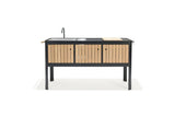 Outdoor kitchen island with black frame and wooden slats on a white background