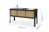 Outdoor kitchen island with wooden panels and black top, showing dimensions on a white background.