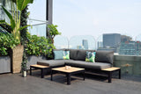 Portals Teak and Aluminum Modular Sofa 3pc Set on a rooftop with cityscape view.