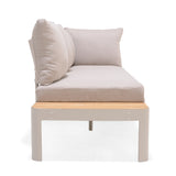 Modern outdoor chair with beige cushions and a wooden base on a white background