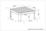 Technical drawing of a square table with dimensions labeled