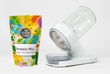 Sprouting container with a colorful protein mix package on a white background
