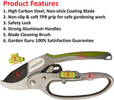 Gardening shears with features listed on a white background