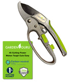 Garden shears with green handle and 'Garden Guru' branding on a white background