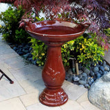 Outdoor Dark Red Ceramic Birdbath in Antique Finish - FREE SHIPPING
