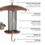 Copper bird feeder with features listed on a white background