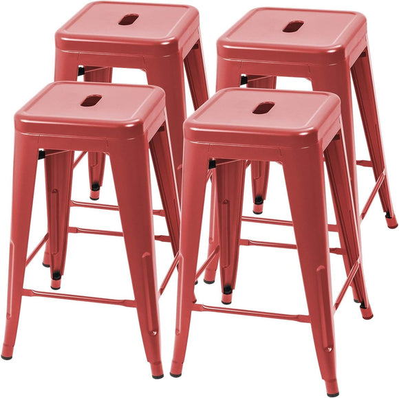 Set of 4 - 24-in. Indoor/Outdoor Backless Stacking Red Metal Barstools - FREE SHIPPING