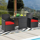 3-Piece Patio Furniture Outdoor Dining Set in Brown PE Rattan with Red Cushions - FREE SHIPPING