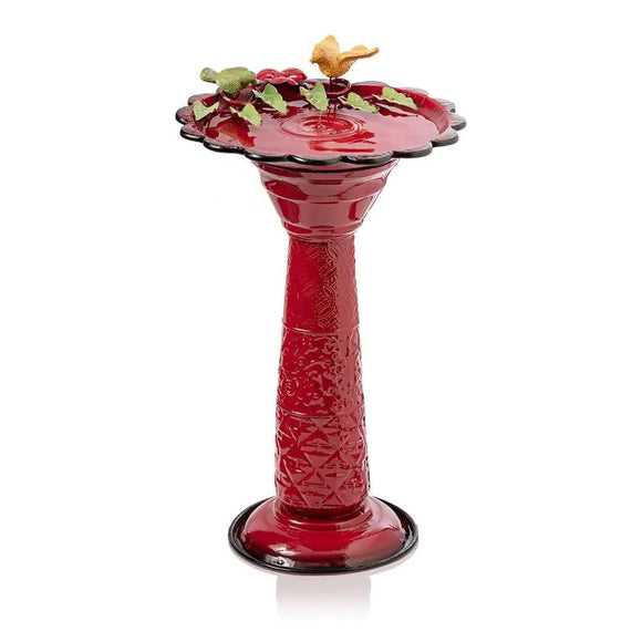 Red Metal Outdoor Garden Patio Birdbath with Decorative Bird Leaf Figurines - FREE SHIPPING