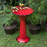 Red Metal Outdoor Garden Patio Birdbath with Decorative Bird Leaf Figurines - FREE SHIPPING