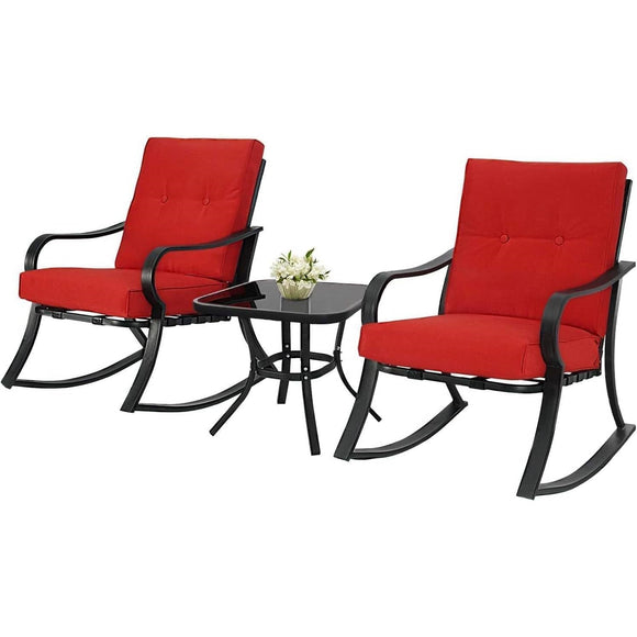 Outdoor 3-Piece Patio Furniture Rocking Chairs Table Set with Red Cushions - FREE SHIPPING