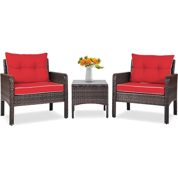 3-Piece Brown PE Rattan Outdoor Dining Patio Furniture Set with Red Cushions - FREE SHIPPING