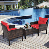 3-Piece Brown PE Rattan Outdoor Dining Patio Furniture Set with Red Cushions - FREE SHIPPING