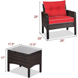3-Piece Brown PE Rattan Outdoor Dining Patio Furniture Set with Red Cushions - FREE SHIPPING