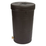 Brown rain barrel with a lid on a white background