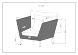 Line drawing of a modern chair with dimensions labeled