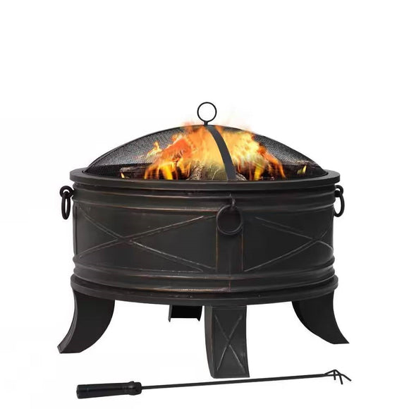 26-inch Round Steel Outdoor Fire Pit with Cover and Poker in Bronze - FREE SHIPPING