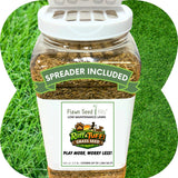 Jar of grass seed with a spreader included, set against a green grass background.