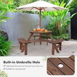 Wooden picnic table with built-in umbrella hole in an outdoor setting