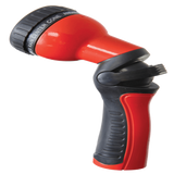 Red and black garden hose nozzle on a white background