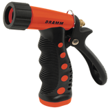 Black and orange Dramm garden hose spray nozzle on a white background