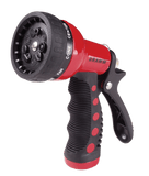 Red and black garden hose nozzle with 'Dramm' branding on a white background