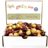 Box of onions with 'fresh garden living' branding on a white background