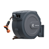 Gray hose reel with orange nozzle on a white background