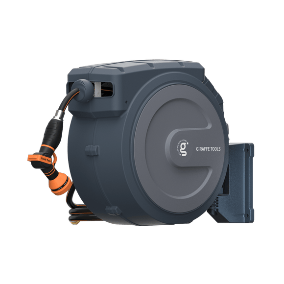 Gray hose reel with attached hose on a white background