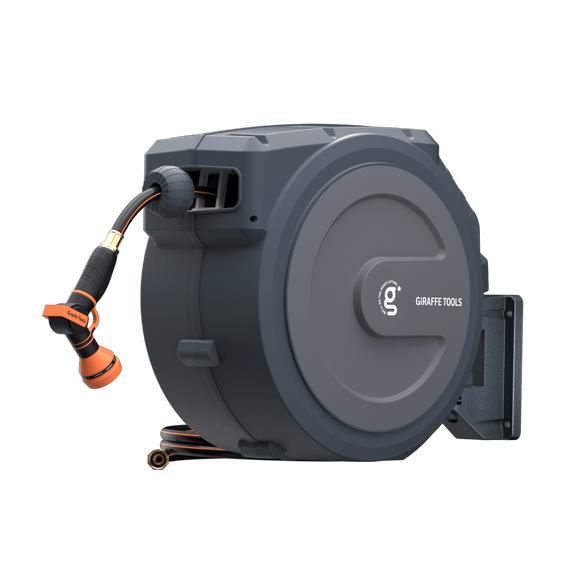 Gray hose reel with orange nozzle on a white background