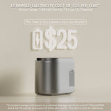 Silver disposal bin with estimated electricity cost of $25 per year displayed on a beige background