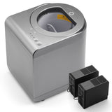 Gray electronic device with two black power supplies on a white background